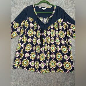 Crown And Ivy Blouse Top Womens 3X Navy Blue Printed Pleated Split Neck Pullover